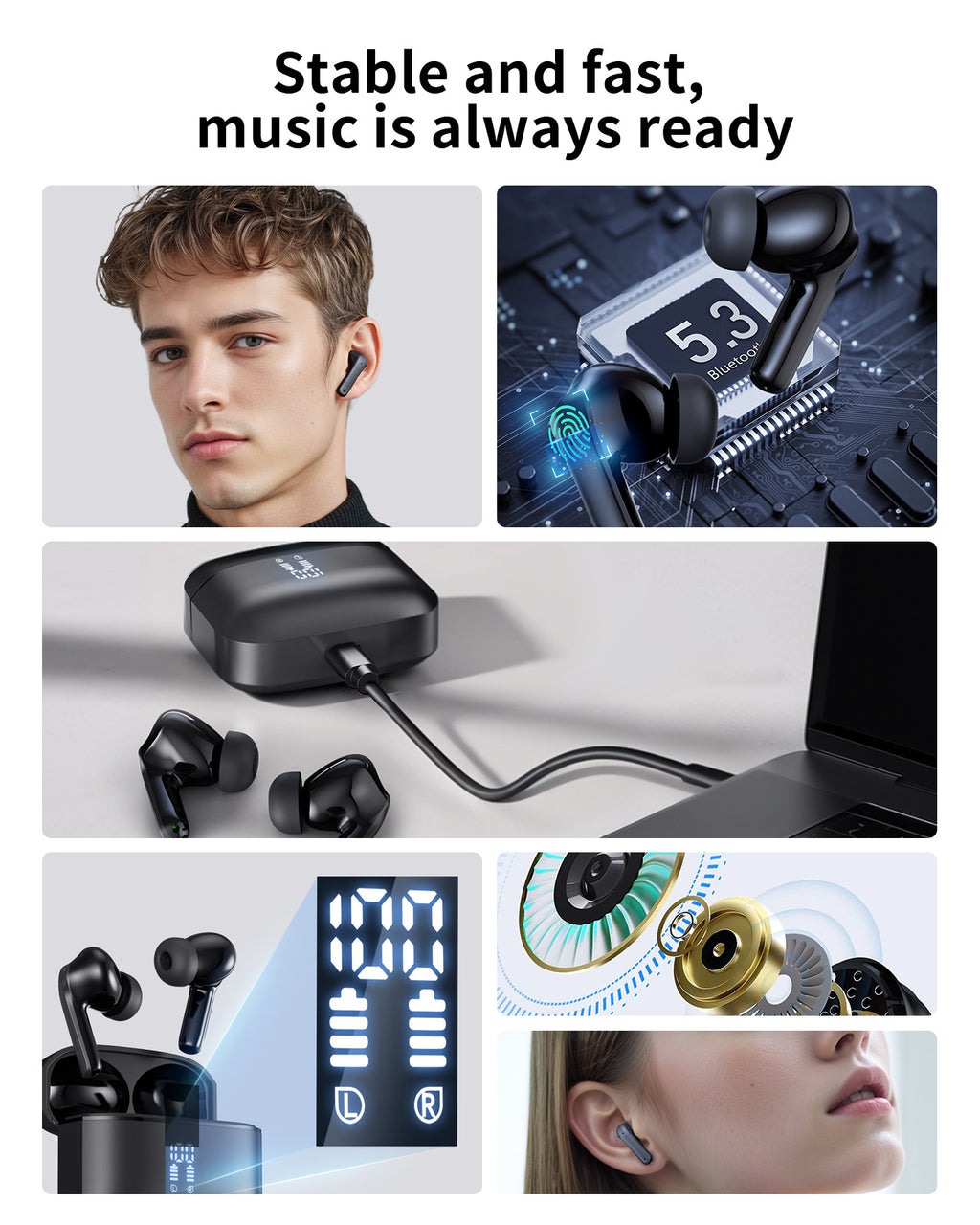 YM27 Wireless TWS Bluetooth 5.3 Earbuds | Transparent HD Display, Noise Cancelling Stereo Headphones